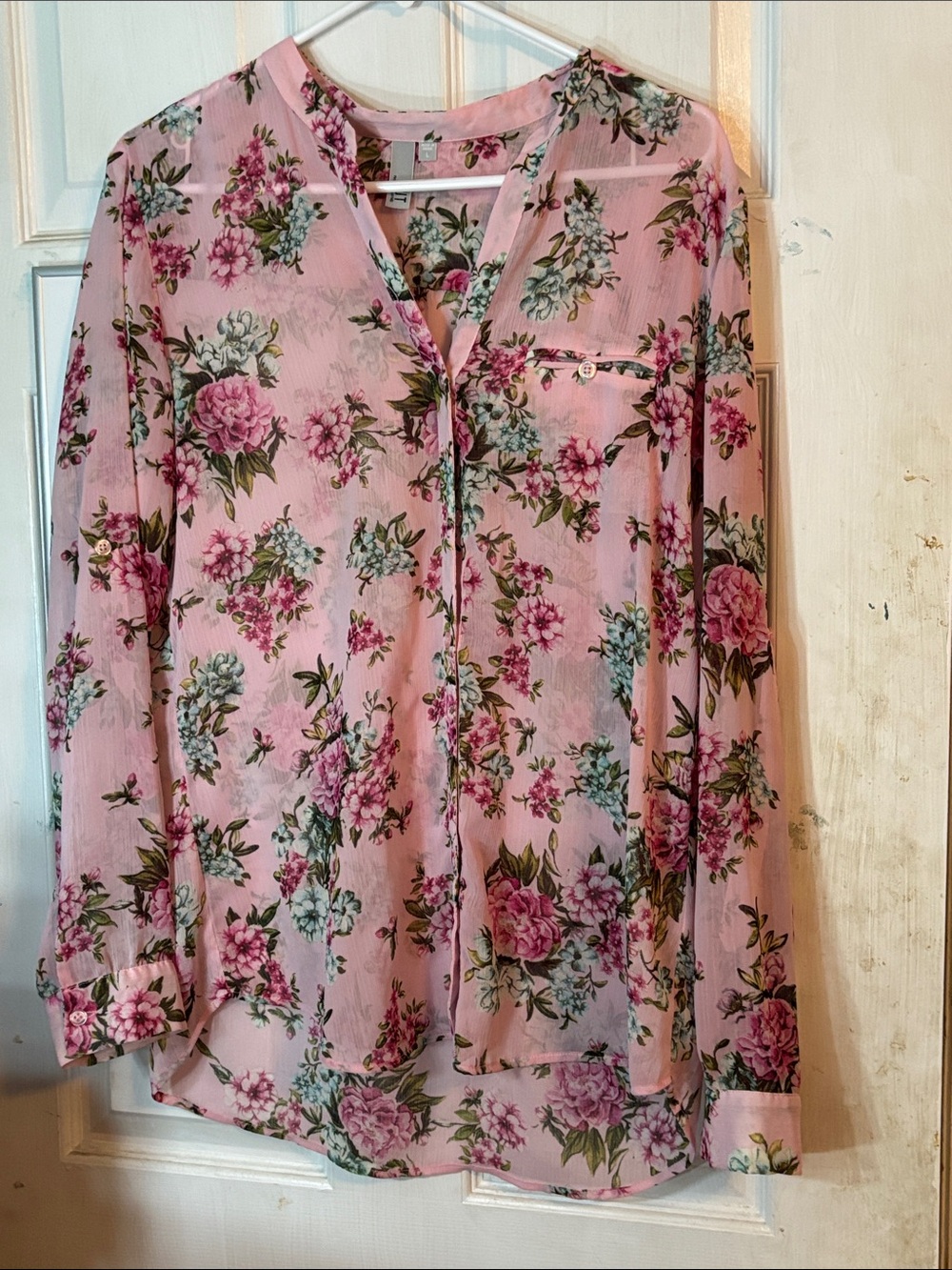 Women’s Pink Floral Sheer V-Neck Blouse Size Large